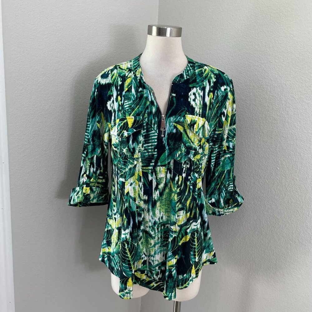 Cocomo Woman Plus 1X Tropical Floral Zip Front Tunic Blouse Roll Tab Sleeve Top